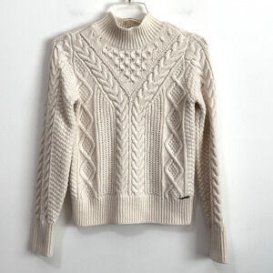 Abercrombie & Fitch Mock Neck Cable Knit Sweater Cream XS Fishermans Preppy‎